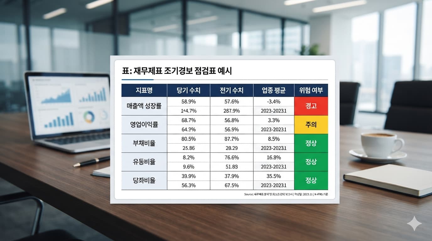 표: 재무제표 조기경보 점검표 예시 - 지표명, 당기 수치, 전기 수치, 업종 평균, 위험 여부 5개 열로 구성