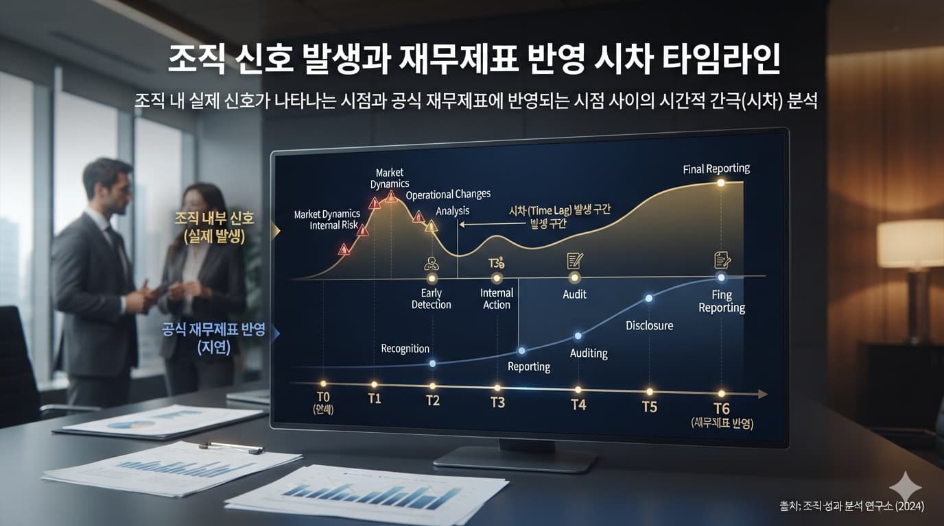 조직 신호가 나타나는 시점과 재무제표에 반영되는 시점 사이의 시차를 보여주는 타임라인 그래프