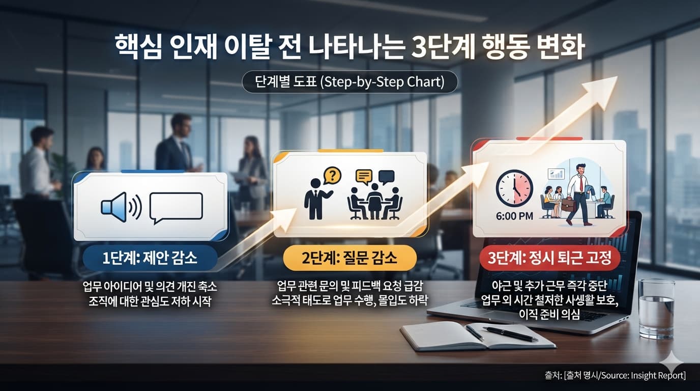 핵심 인재 이탈 전 나타나는 3단계 행동 변화(제안 감소 → 질문 감소 → 정시 퇴근 고정)를 보여주는 단계별 도표