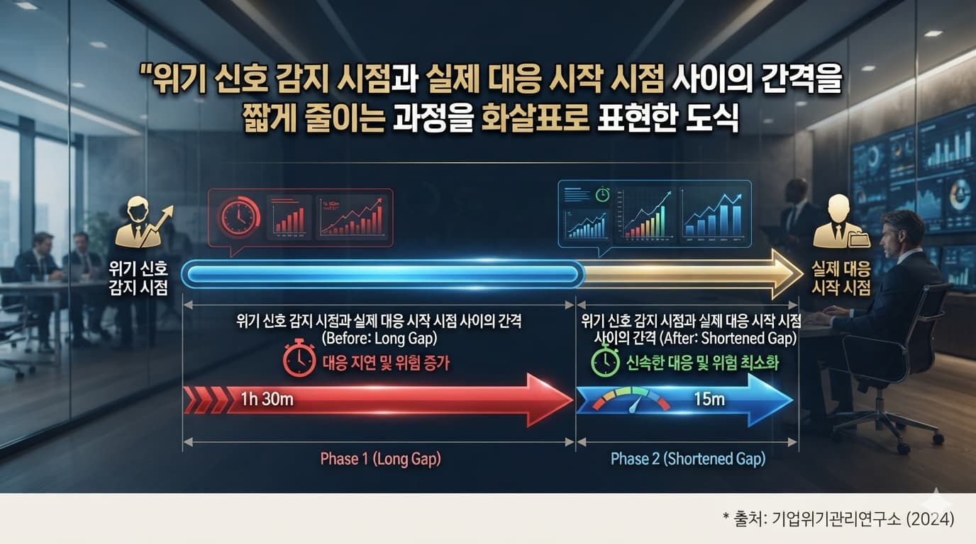 위기 신호 감지 시점과 실제 대응 시작 시점 사이의 간격을 짧게 줄이는 과정을 화살표로 표현한 도식