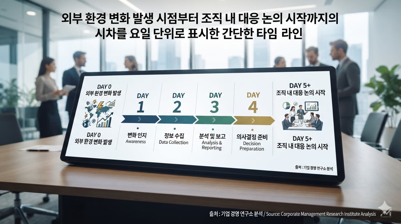외부 환경 변화 발생 시점부터 조직 내 대응 논의 시작까지의 시차를 요일 단위로 표시한 간단한 타임라인