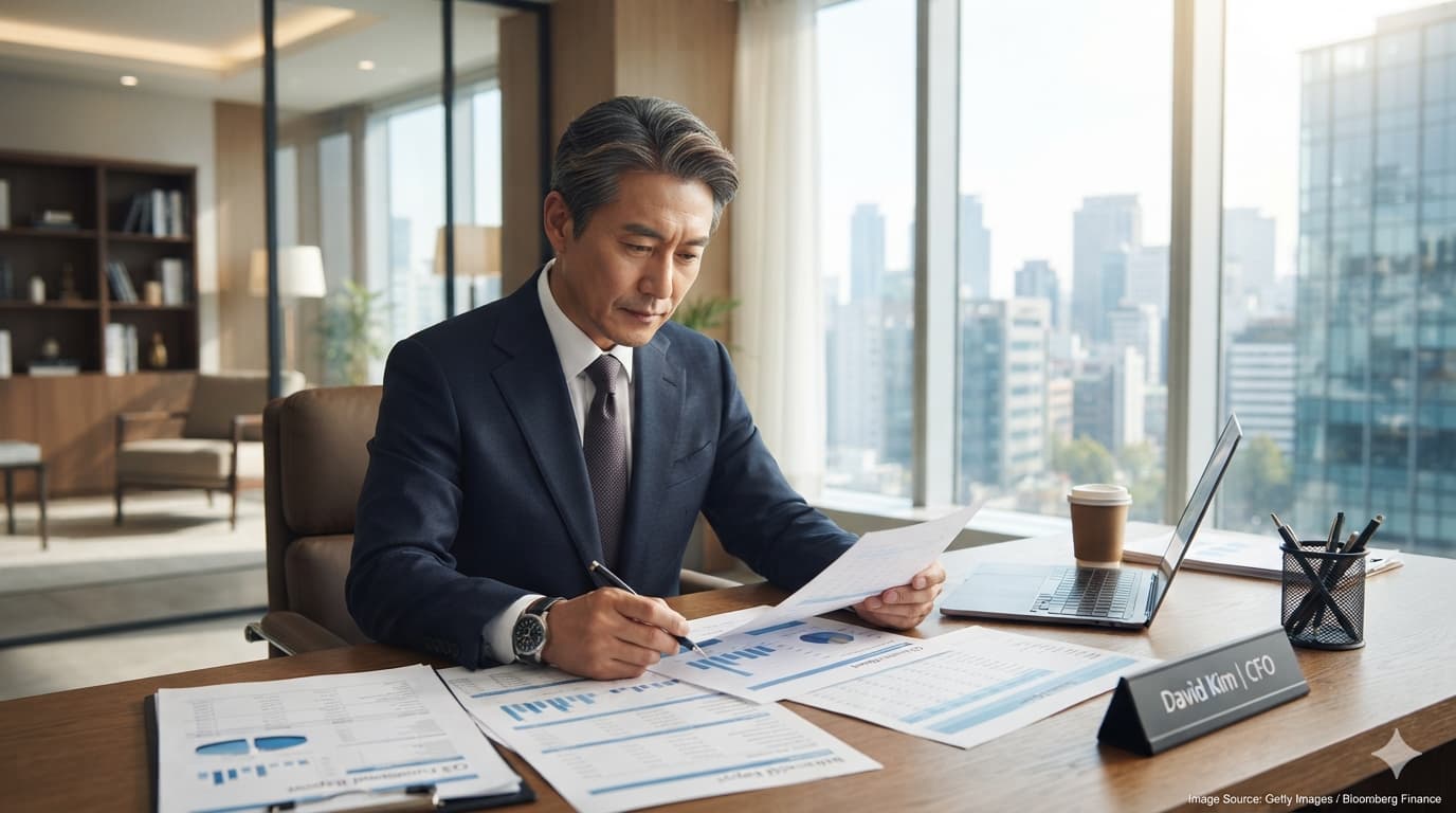 CFO 혹은 재무 책임자로 보이는 중년 남성이 밝은 사무실에서 서류와 재무 문서를 유심히 검토하는 모습