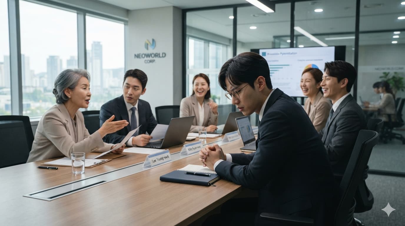 회의실에서 여러 임직원이 모여 있지만 한 사람만 말이 없고 시선을 피하며 긴장된 분위기를 보이는 장면, 나머지 사람들은 서로 대화하거나 자료를 보는 모습으로 대비