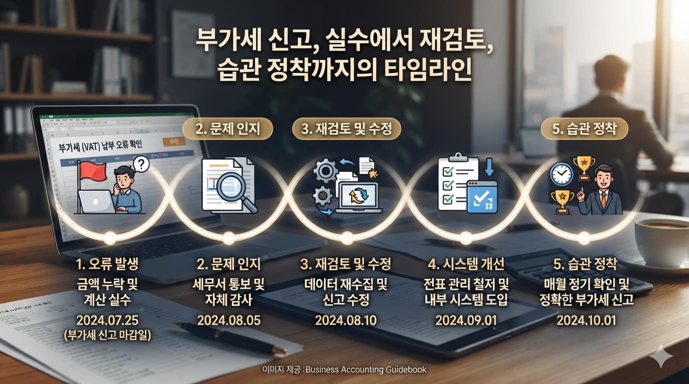 부가세 실수 발생부터 재검토, 습관 정착까지 이어지는 시계열 흐름을 보여주는 간단한 타임라인 도표