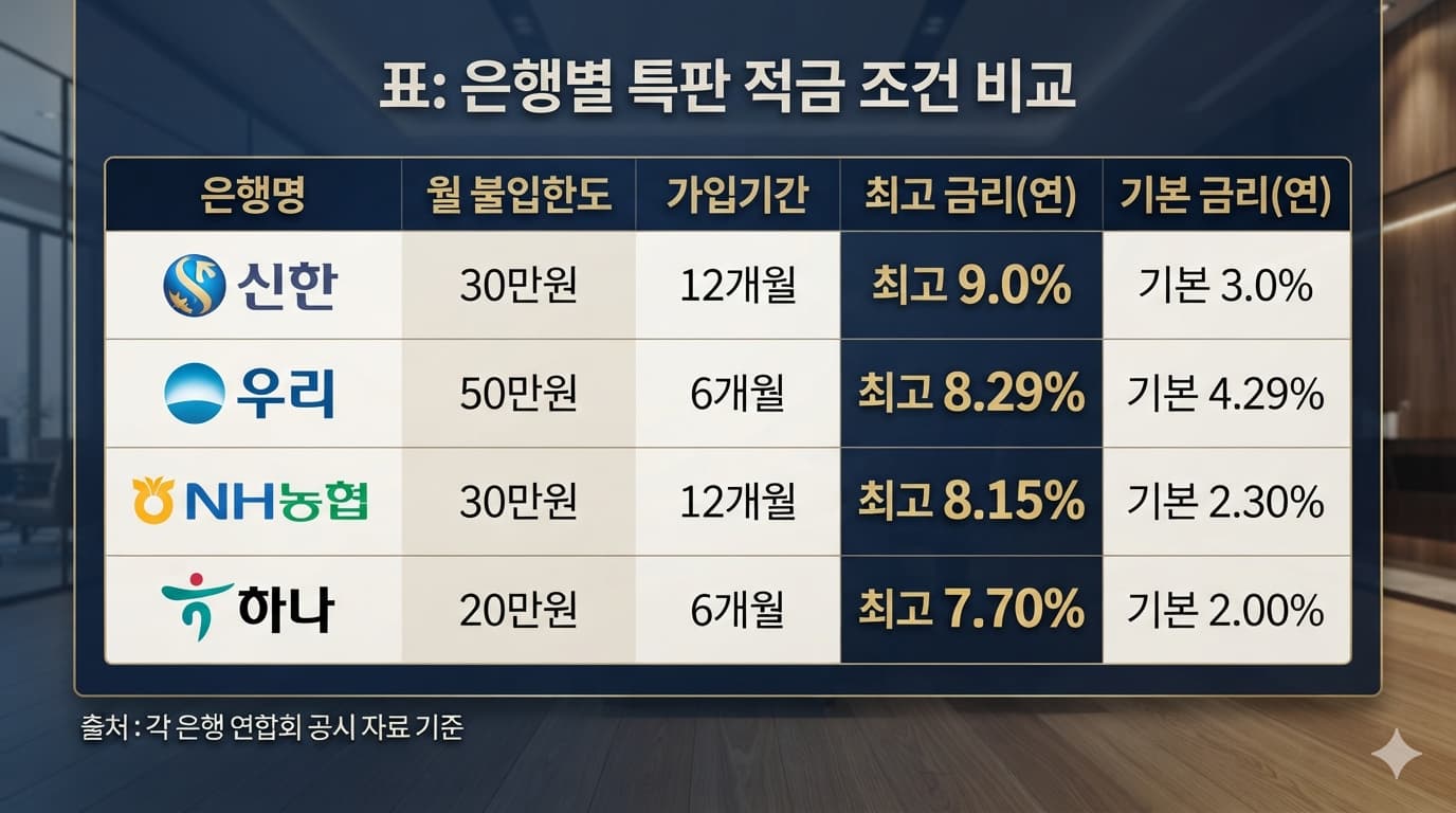 표: 은행별 특판 적금 조건 비교