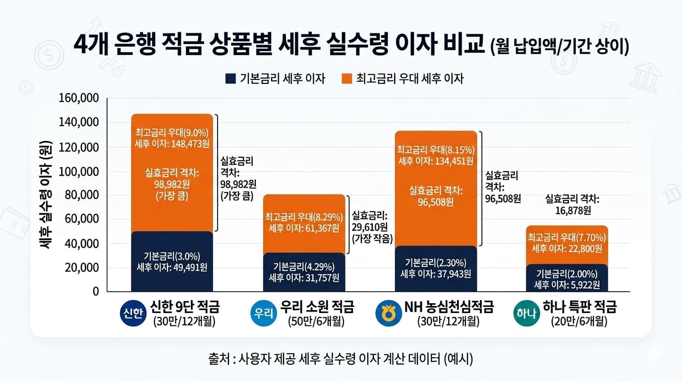 은행별 실효금리 기준 세후 실수령 이자 비교 그래프