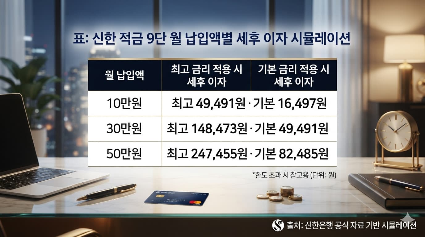 표: 신한 적금 9단 월 납입액별 세후 이자 시뮬레이션