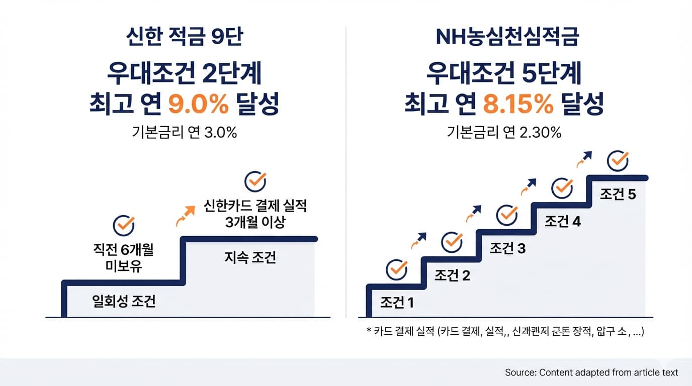 신한과 NH농협 우대조건 단계를 비교한 계단식 인포그래픽