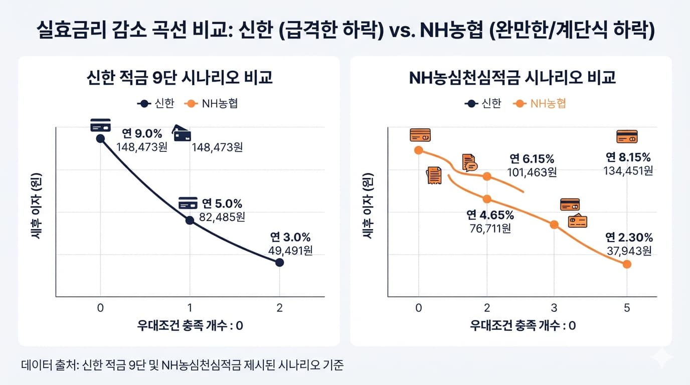 신한과 NH농협 우대조건 충족률별 실효금리 감소 곡선 비교