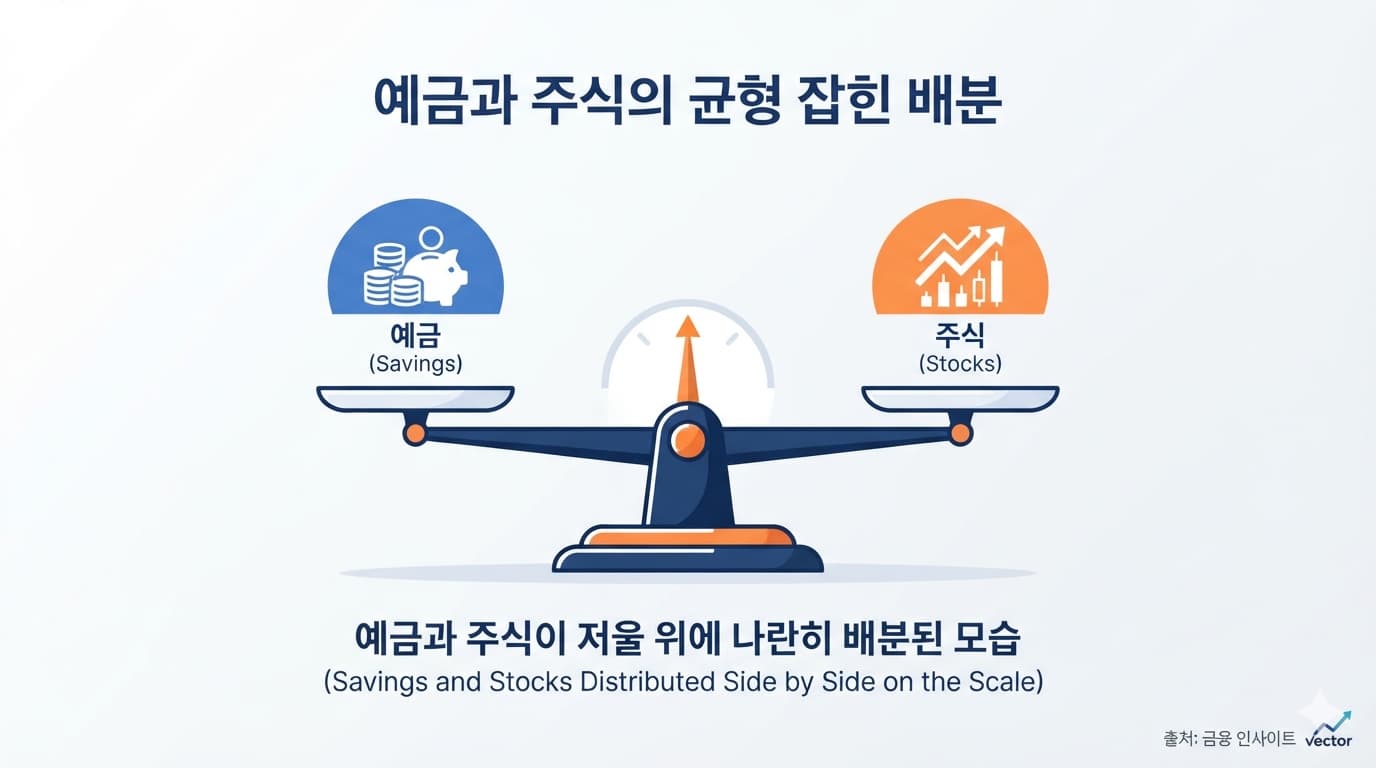 예금과 주식 자산배분 균형을 보여주는 저울 인포그래픽