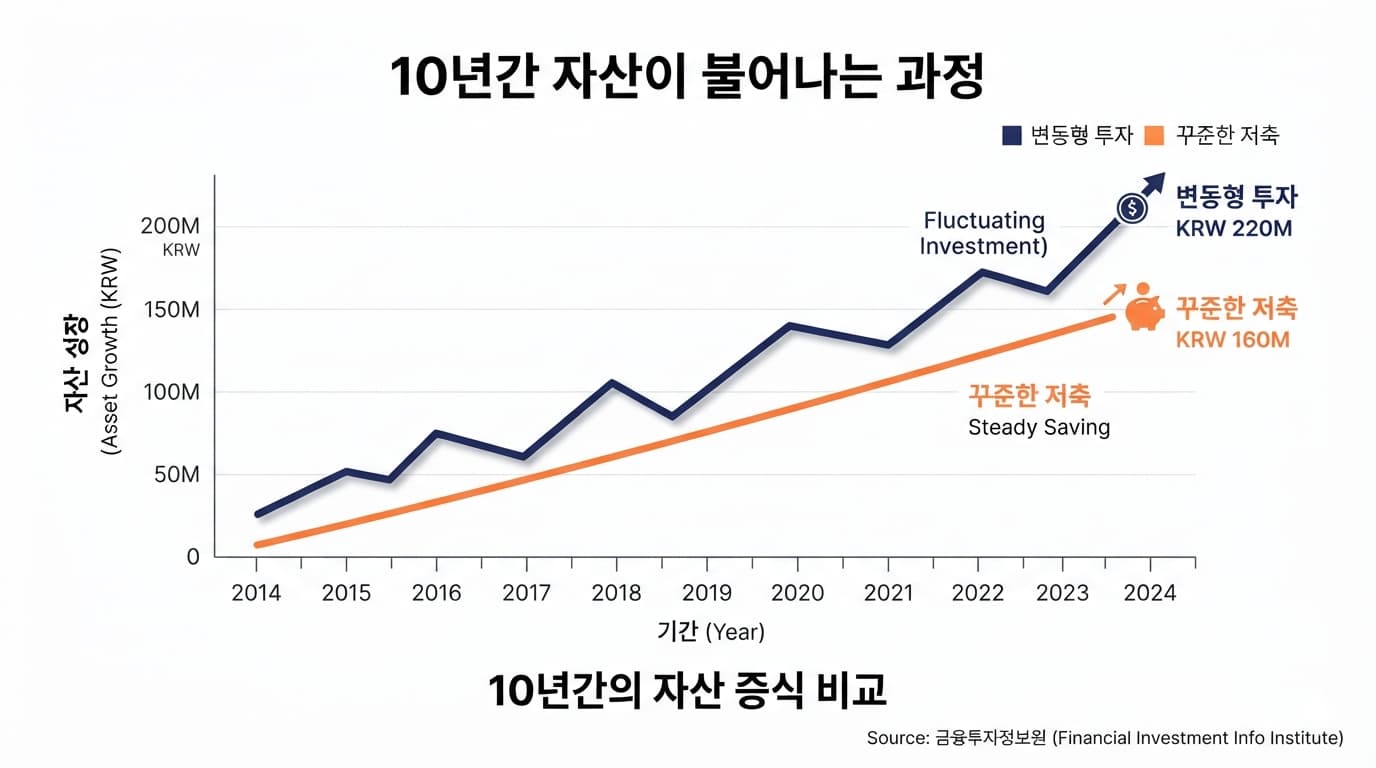 코스피와 정기예금 10년 자산 증식 시뮬레이션 비교 그래프