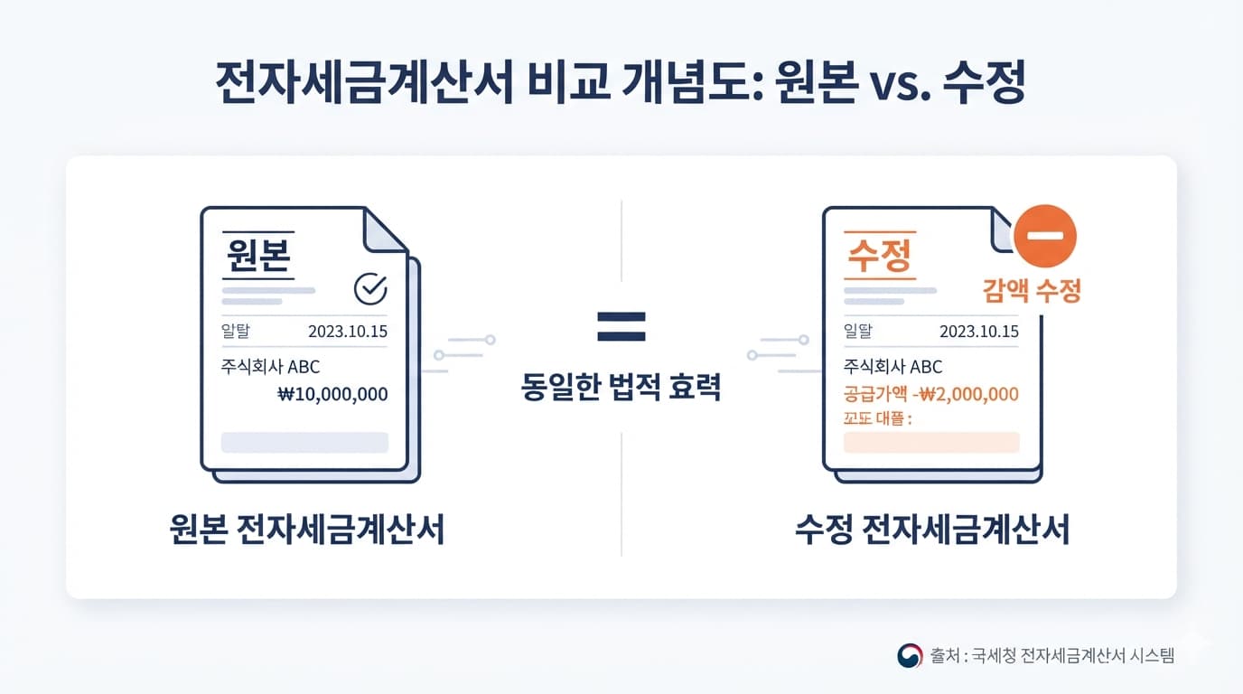 세금계산서 허위발급 처벌 판단 기준이 된 원본 세금계산서와 수정세금계산서 비교 도표