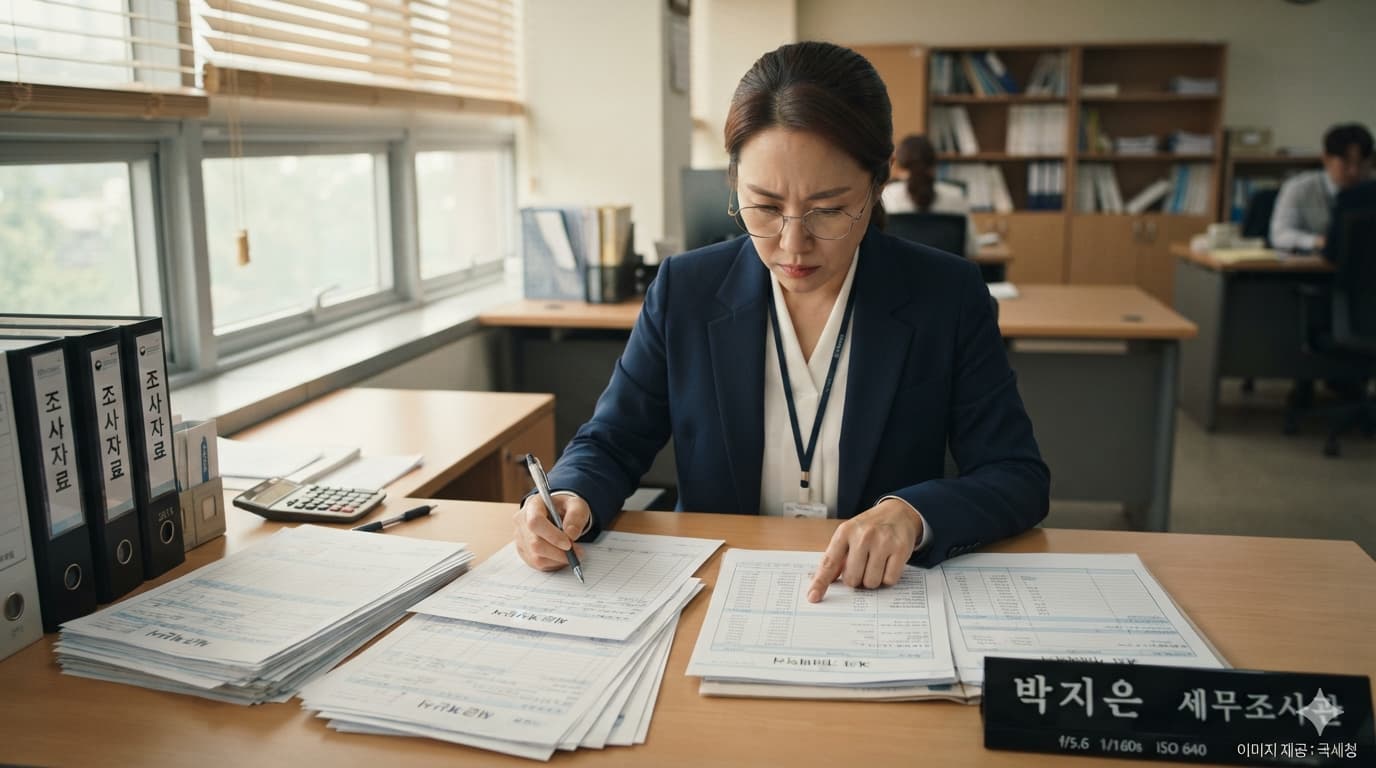 가공거래 세금계산서 적발을 위해 서류와 계좌 내역을 대조하는 세무조사관