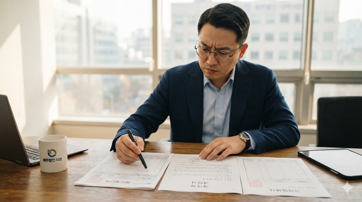 가공거래 세금계산서 적발 여부를 판단하기 위해 계약서와 세금계산서를 비교하는 세무사
