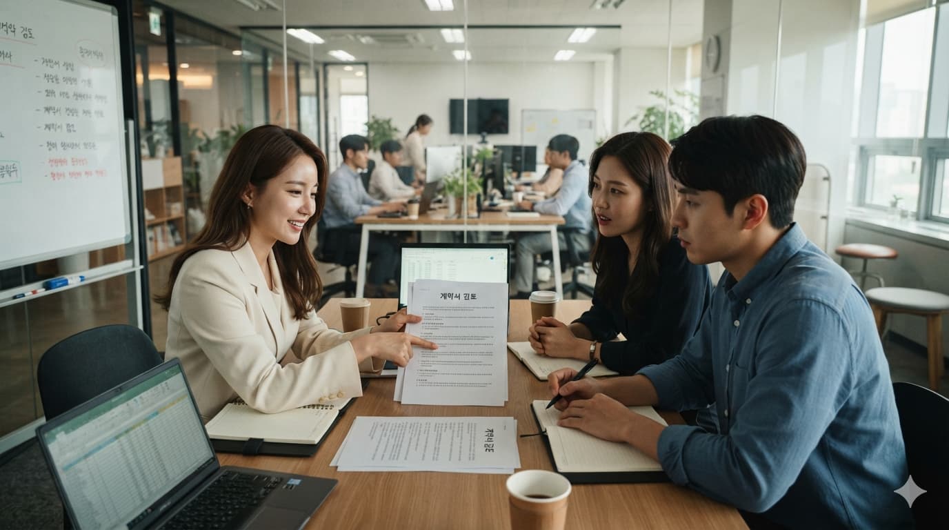 플랫폼 할인액 부가가치세 리스크를 줄이기 위해 계약서를 검토하는 실무진