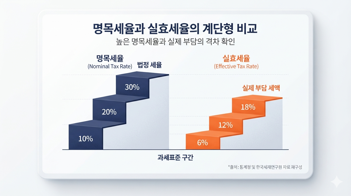세금의 목적을 보여주는 명목세율과 실효세율 격차 비교 인포그래픽