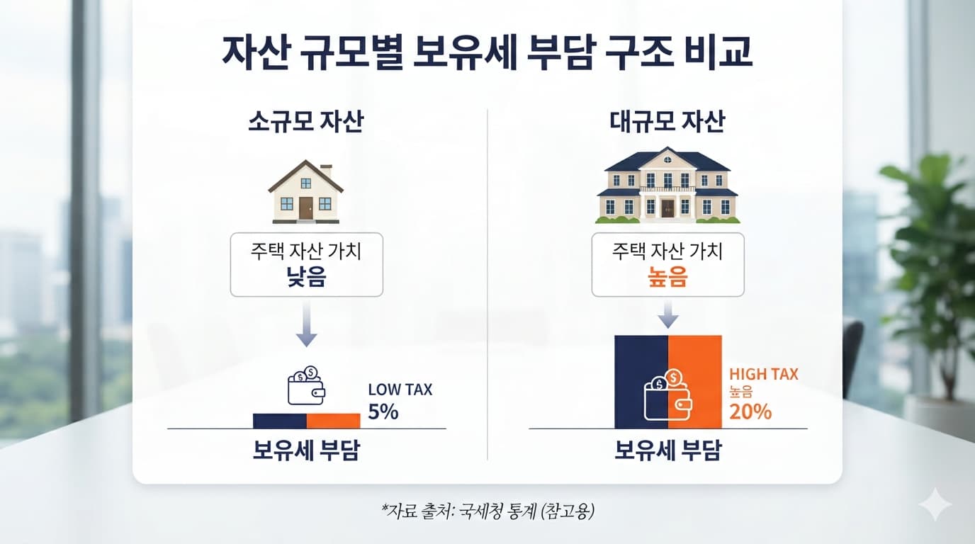 세금의 목적을 보여주는 자산 규모별 보유세 부담 비교 인포그래픽