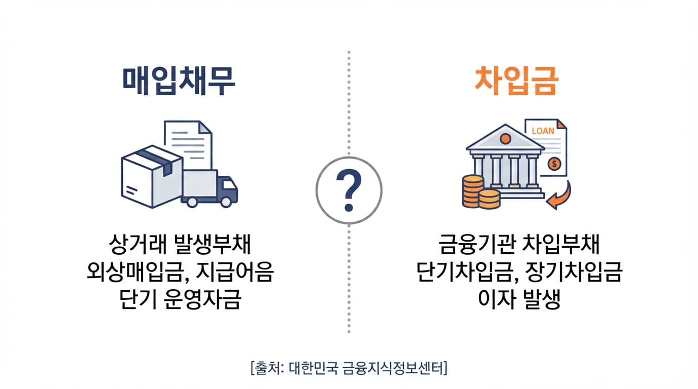 매입채무 재분류 판단 기준을 보여주는 매입채무와 차입금 경계 개념도