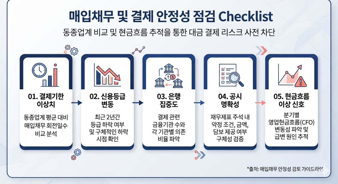 표: 점검 항목 - 확인 방법 / 결제기한 이상치 - 동종업계 평균 대비 매입채무 회전일수 비교 / 신용등급 변동 - 최근 2년간 등급 하락 여부와 시점 확인 / 은행 집중도 - 결제 관련 금융기관 수와 각 기관 의존 비율 파악 / 공시 명확성 - 주석에 약정 조건, 금액, 담보 여부가 구체적으로 기재됐는지 확인 / 현금흐름 이상 신호 - 분기별 영업현금흐름 변동성과 그 원인 추적