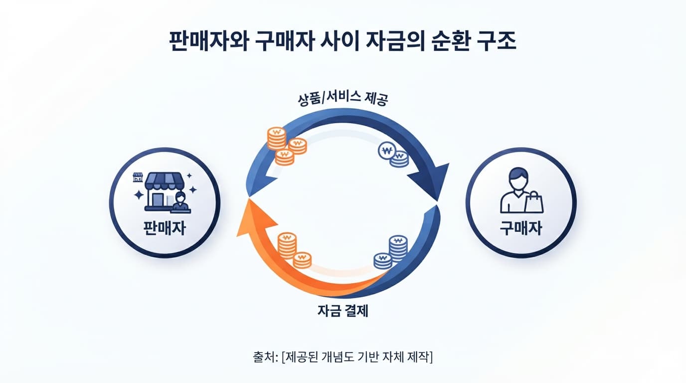 벤더 파이낸싱 순환 구조를 보여주는 판매자-구매자 자금 흐름 개념도