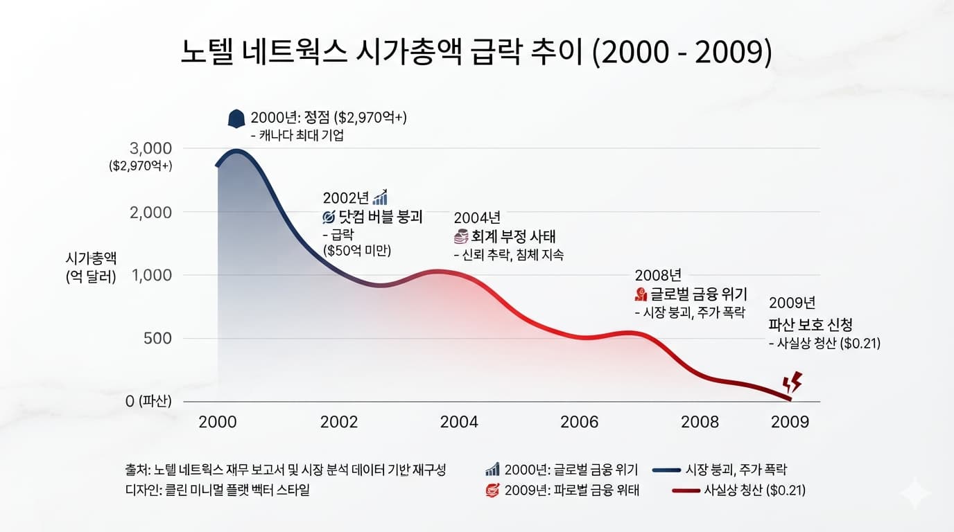 노텔 네트웍스 시가총액 급락과 벤더 파이낸싱 붕괴 타임라인