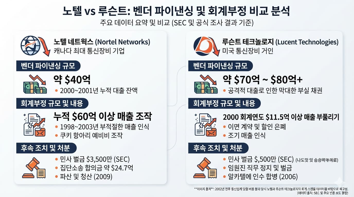 노텔과 루슨트의 벤더 파이낸싱 규모 및 회계부정 결과 비교