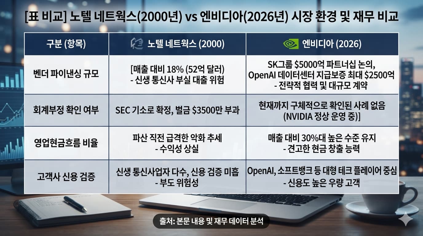 표: 비교 항목 - 노텔 네트웍스(2000년) - 엔비디아(2026년) / 벤더 파이낸싱 규모