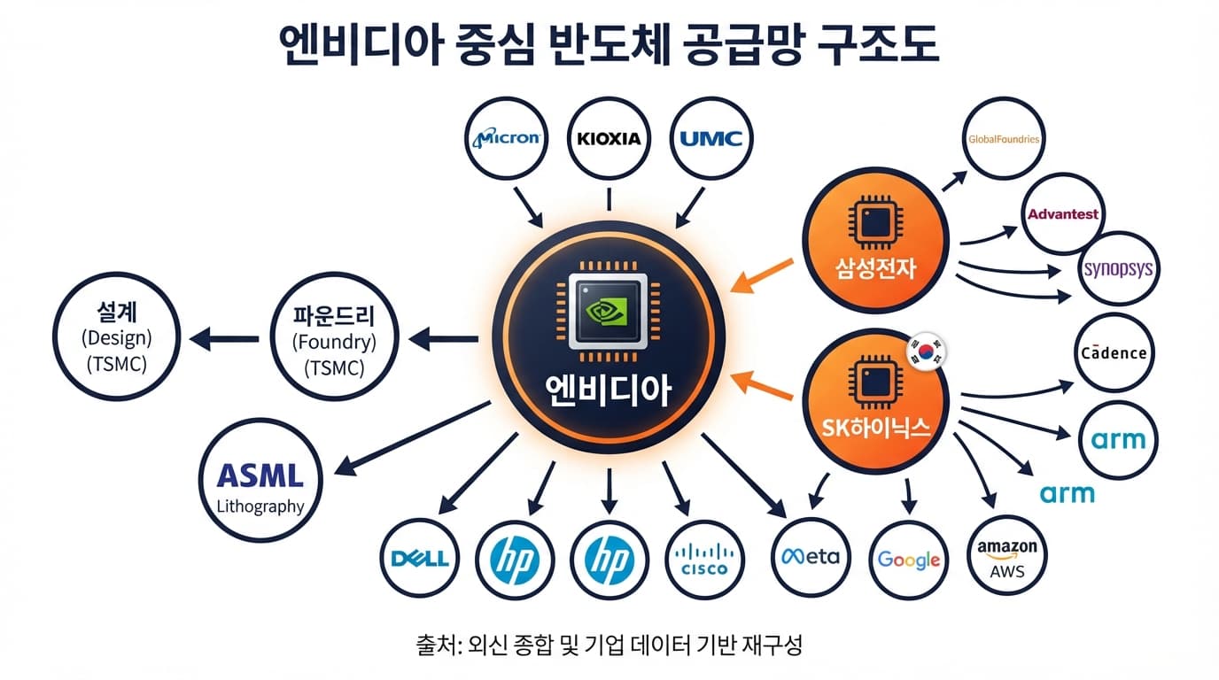 엔비디아 의존도 구조를 보여주는 삼성전자 SK하이닉스 공급망 다이어그램