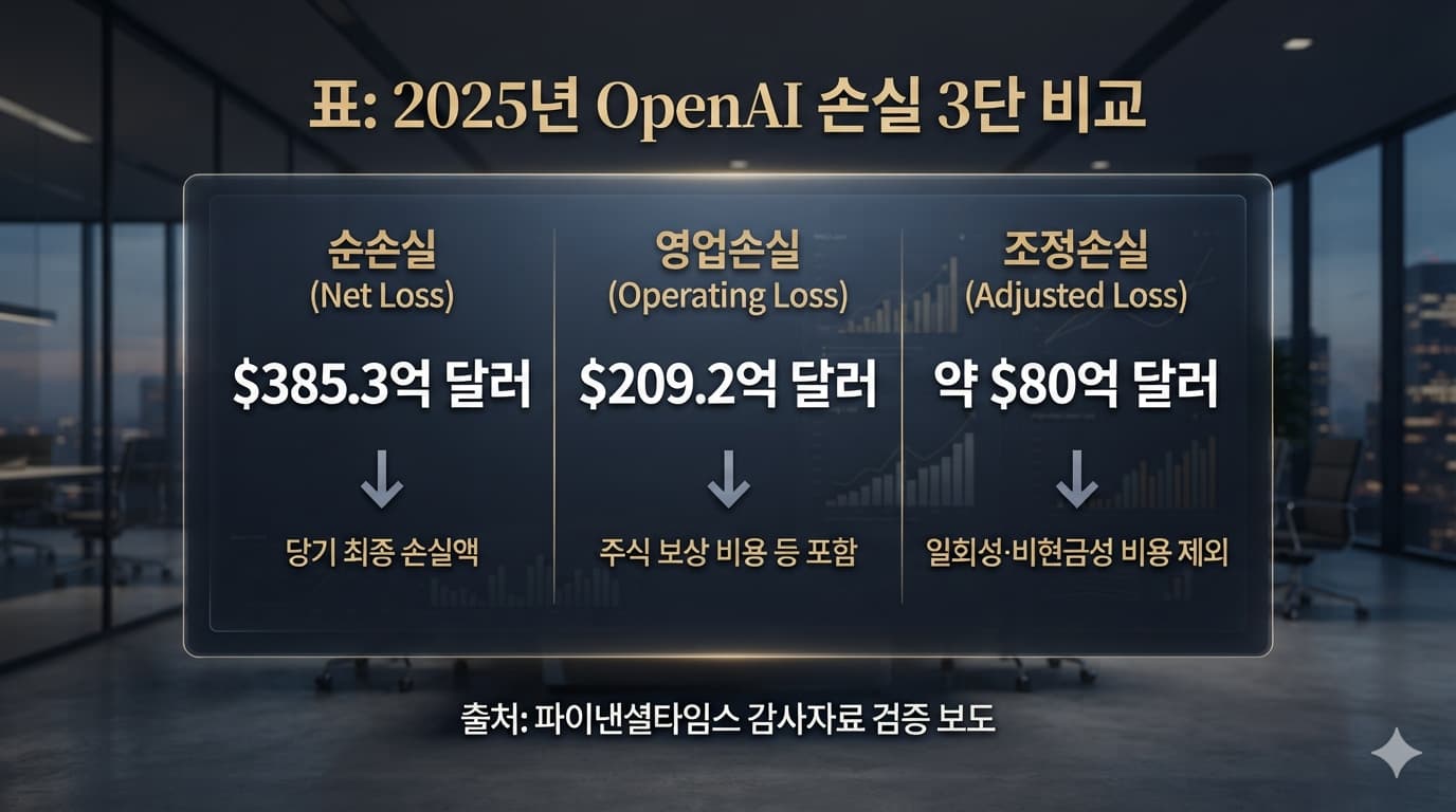 표: 2025년 OpenAI 손실 3단 비교 — 순손실 385.3억 달러 / 영업손실 209.2억 달러 / 조정손실 약 80억 달러, 출처: 파이낸셜타임스 감사자료 검증 보도