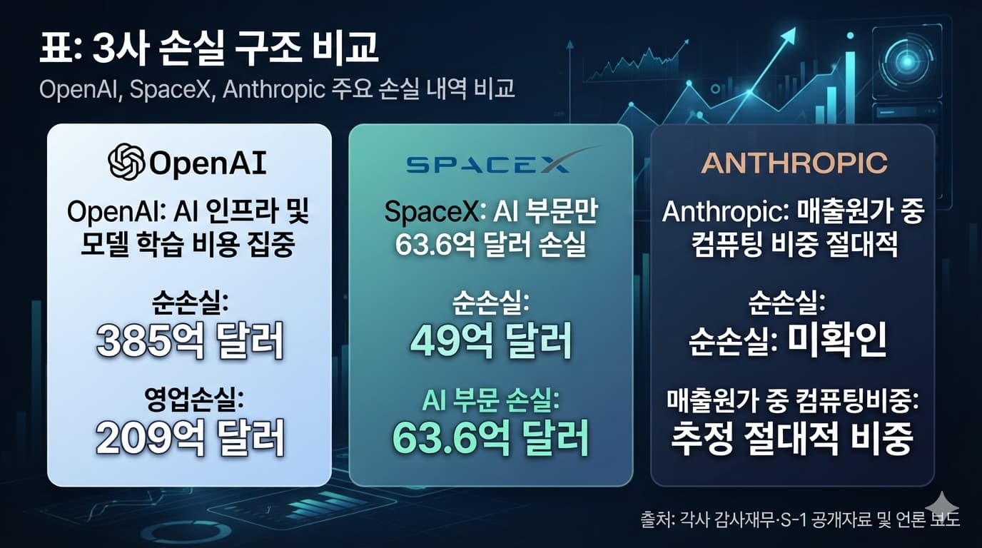 표: 3사 손실 구조 비교 — OpenAI 순손실 385억 달러/영업손실 209억 달러, SpaceX 순손실 49억 달러(AI부문만 63.6억 달러 손실), Anthropic 매출원가 중 컴퓨팅비중 미확인(추정 절대적 비중), 출처: 각사 감사재무·S-1 공개자료 및 언론 보도