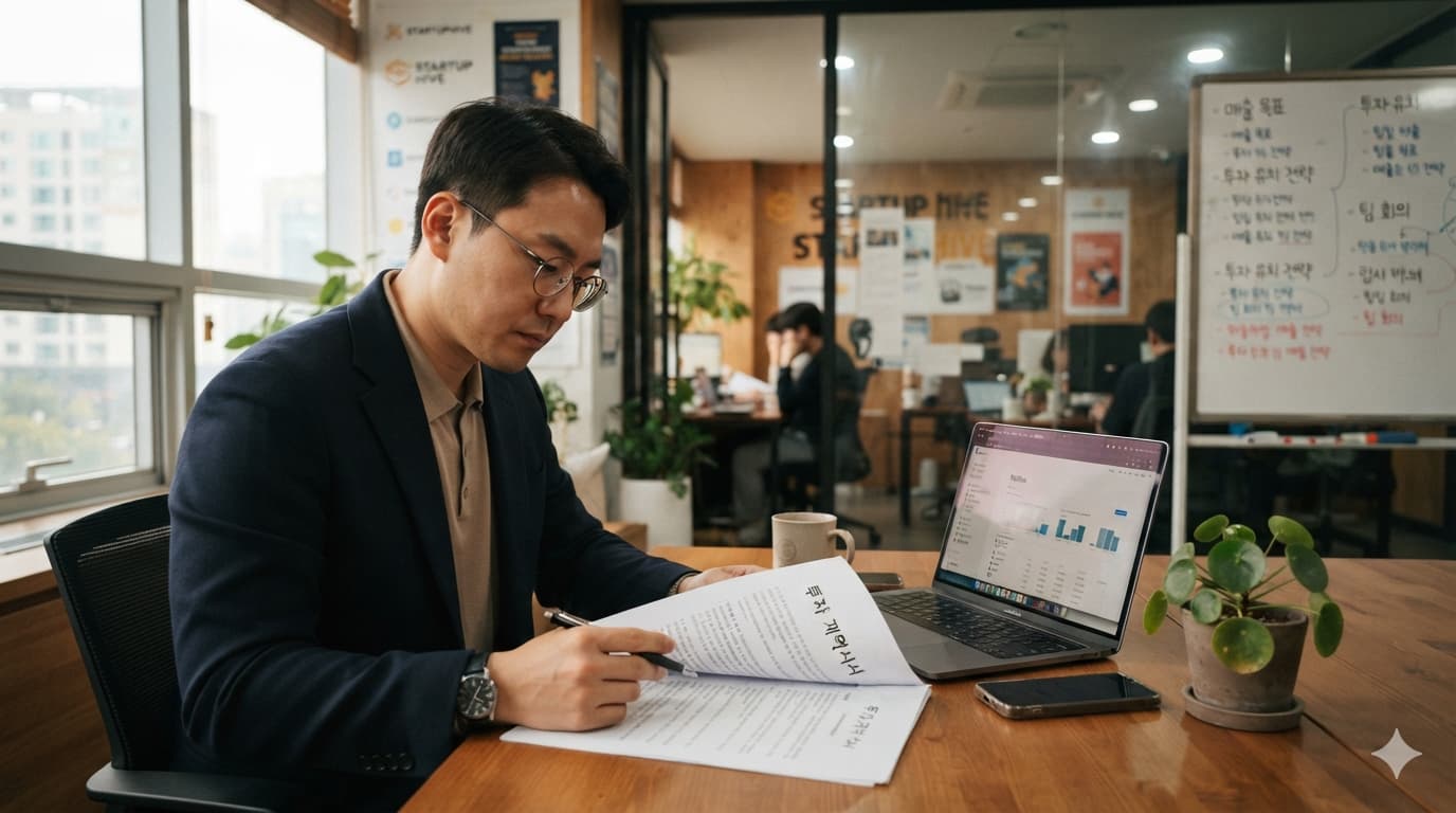 한국 스타트업 창업자가 RCPS 투자계약서를 검토하는 모습