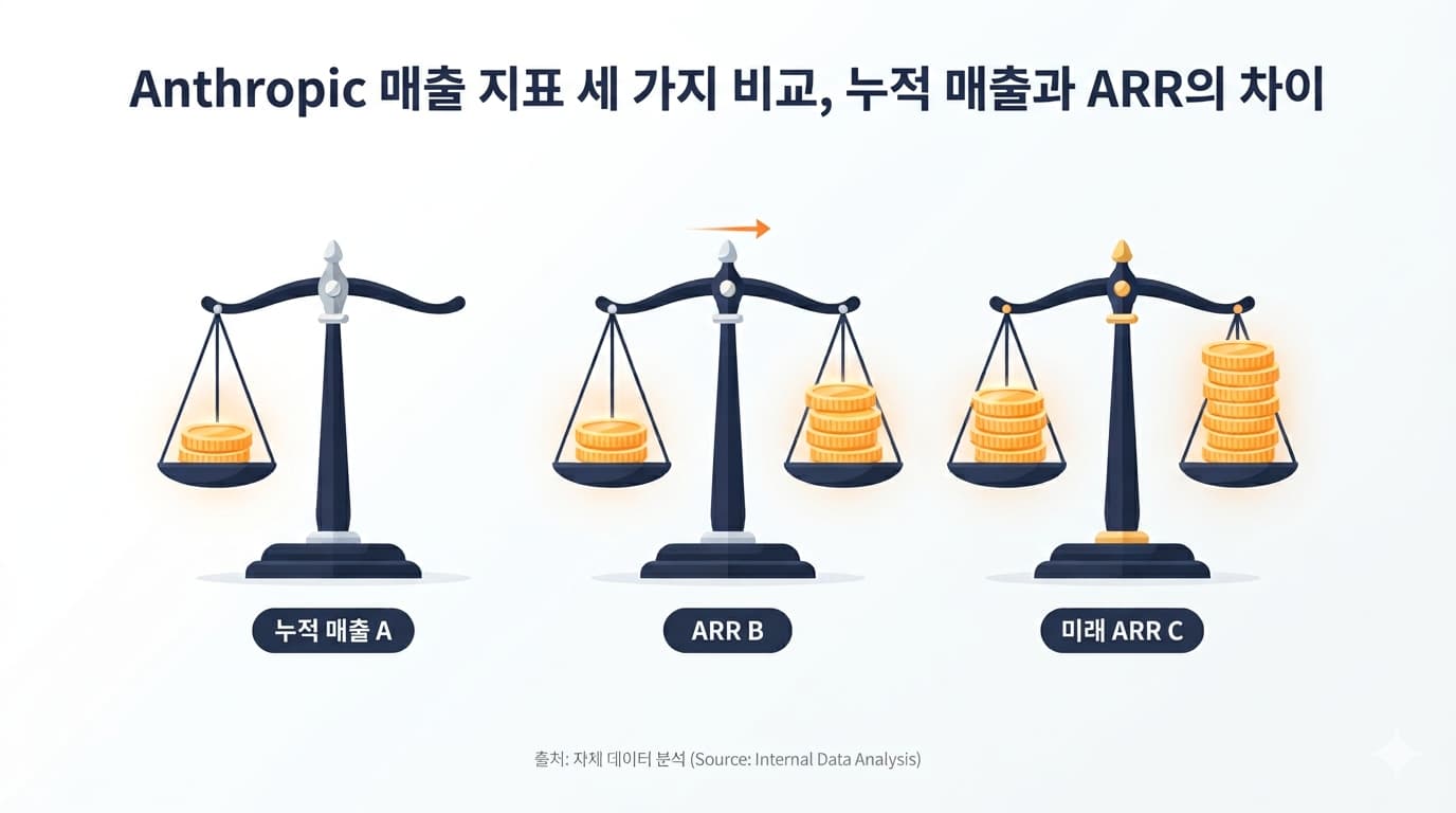 Anthropic 매출 지표 세 가지 비교, 누적 매출과 ARR의 차이