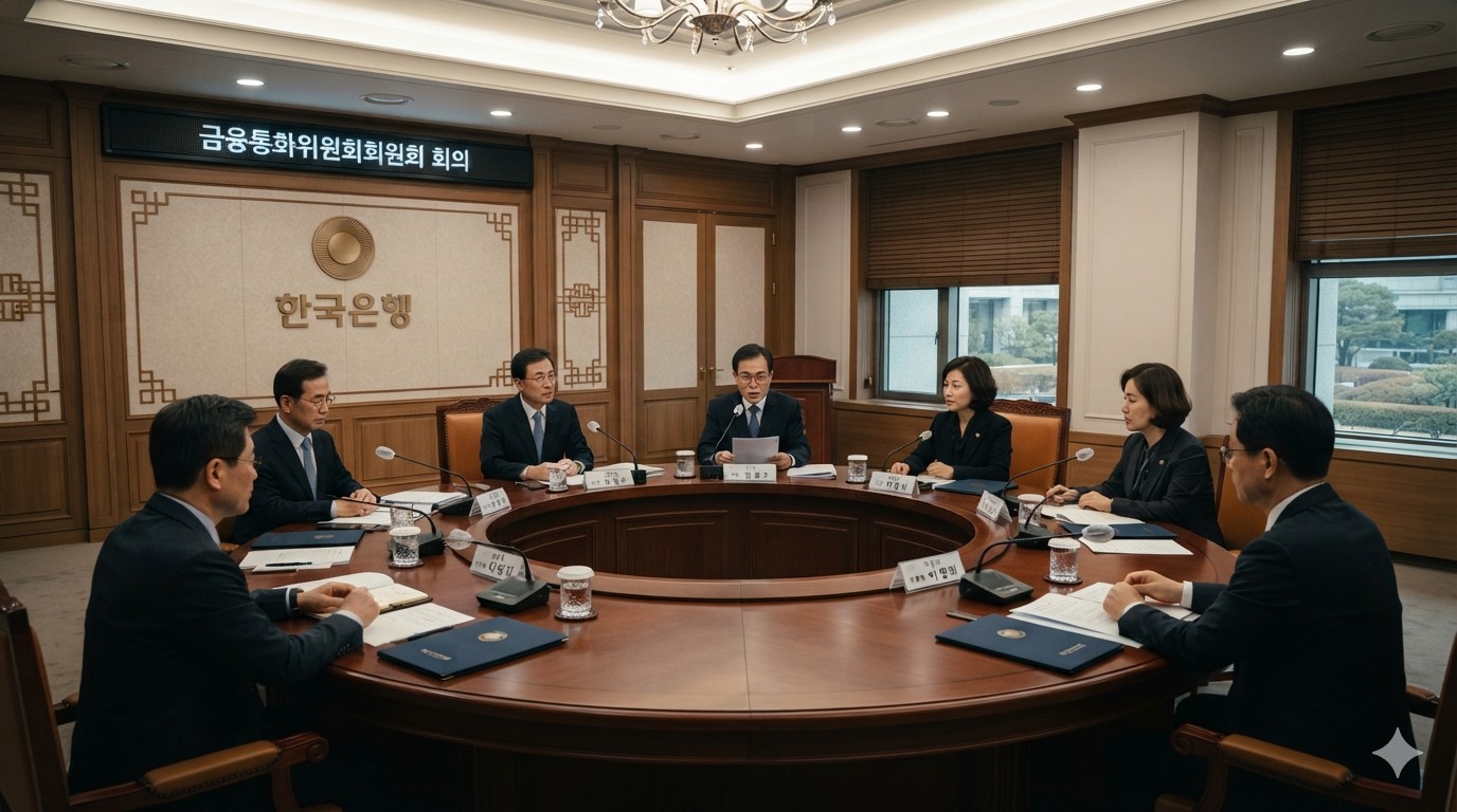 한국은행 금융통화위원회의 기준금리 3% 결정 회의 장면