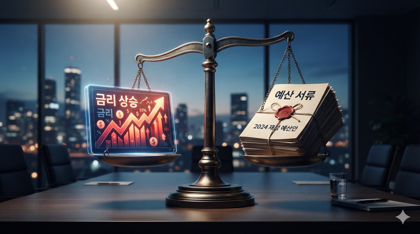 정책 엇박자를 상징하는 금리와 예산의 저울 다이어그램