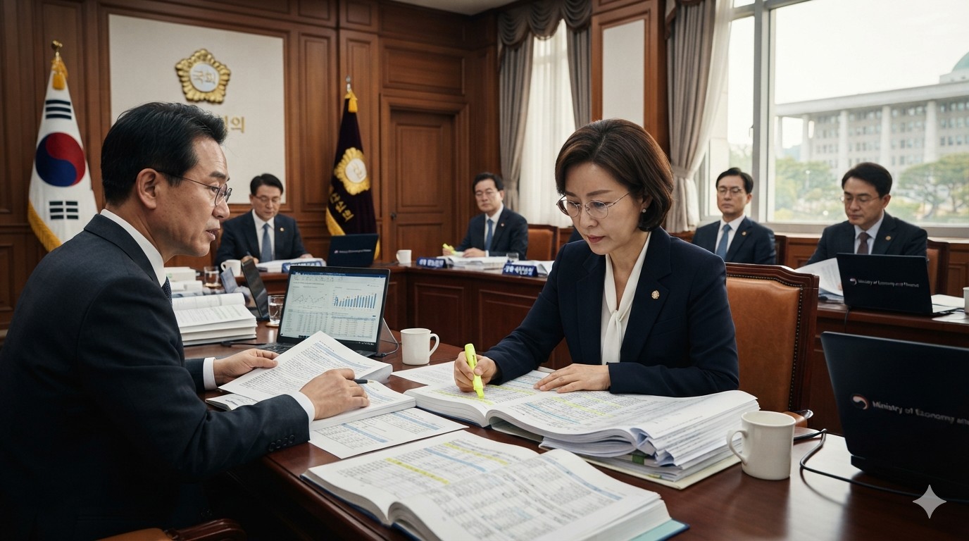 2027년 800조 예산안을 검토하는 재정당국 회의 장면