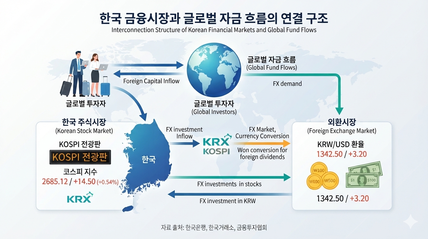 외국인 코스피 수급과 환율 자금 흐름의 구조를 보여주는 경제 다이어그램