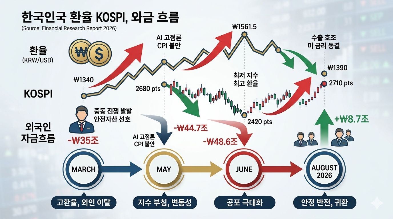 2026년 외국인 코스피 수급과 원화 가치 변화를 보여주는 환율 코스피 타임라인