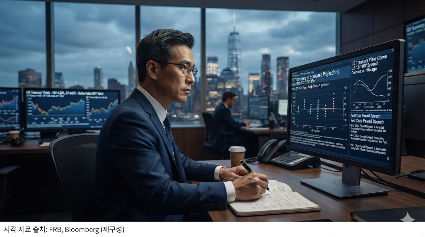 FOMC 금리인상과 점도표 변화가 달러와 미국 국채금리에 미치는 영향을 검토하는 장면