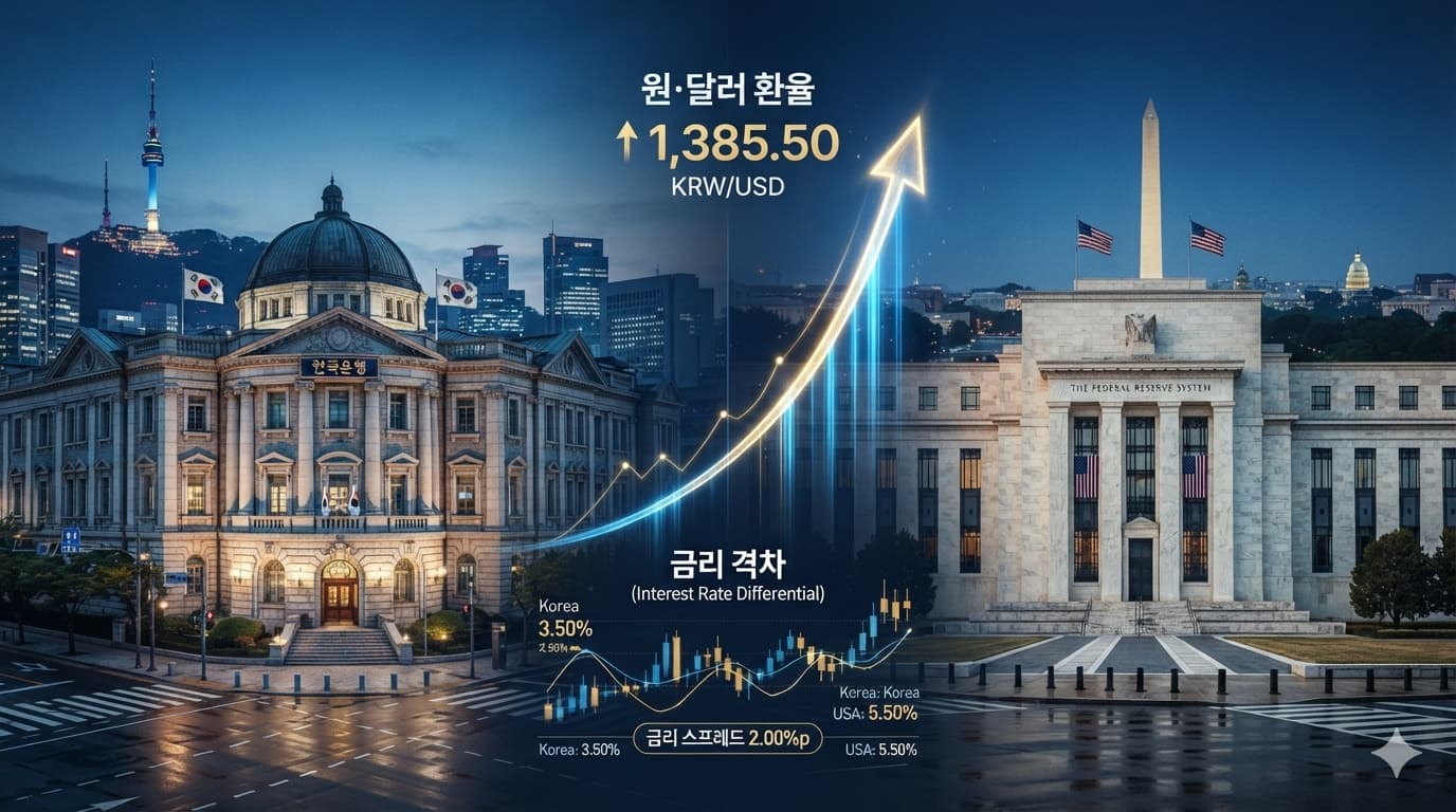 한국은행 금리인상 환율 논쟁을 상징하는 한미 중앙은행과 환율 그래프
