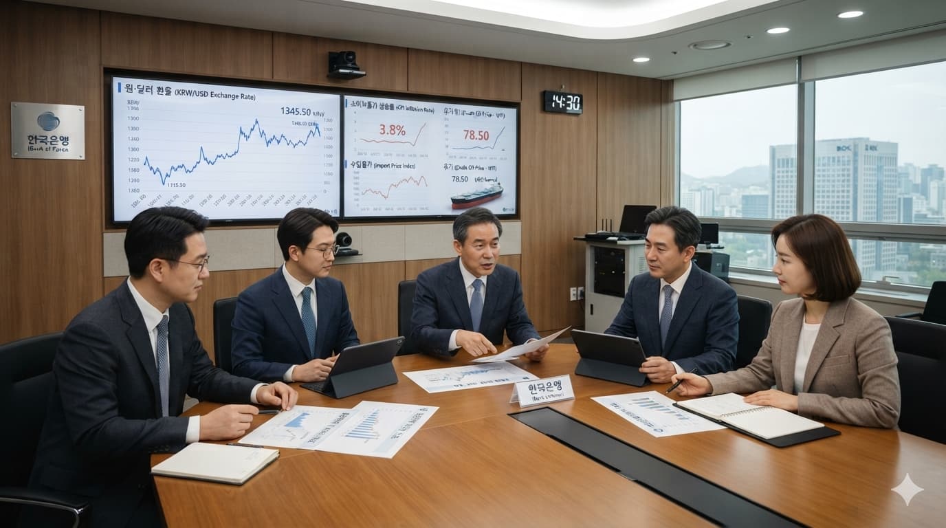 한국은행 금리인상 환율 판단에 필요한 물가와 유가, 환율 자료를 검토하는 장면