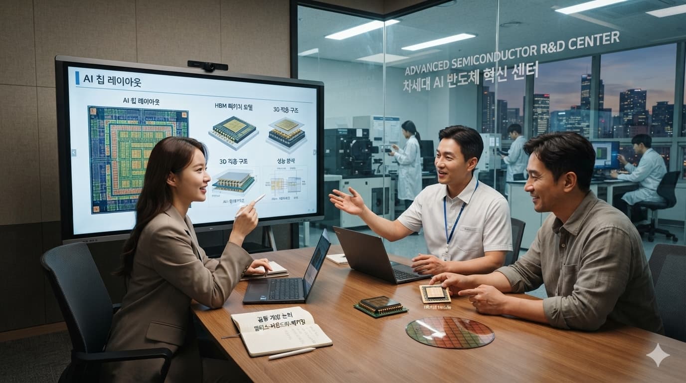 반도체 생태계에서 팹리스·파운드리·첨단 패키징 전문가가 AI 칩 공동개발을 논의하는 모습