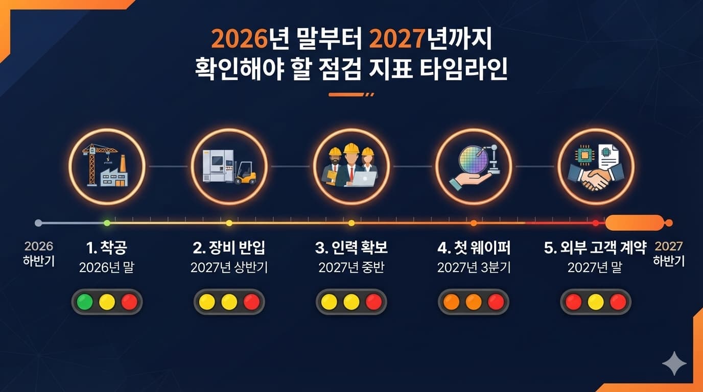 테라팹 현실성을 확인하기 위한 착공·장비·인력·수율·외부 고객 점검 타임라인