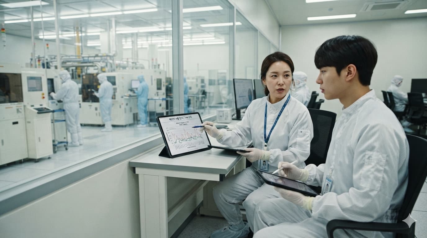 테라팹 같은 대형 팹에서 숙련 엔지니어가 신입 인력에게 공정 노하우를 전수하는 교육 장면