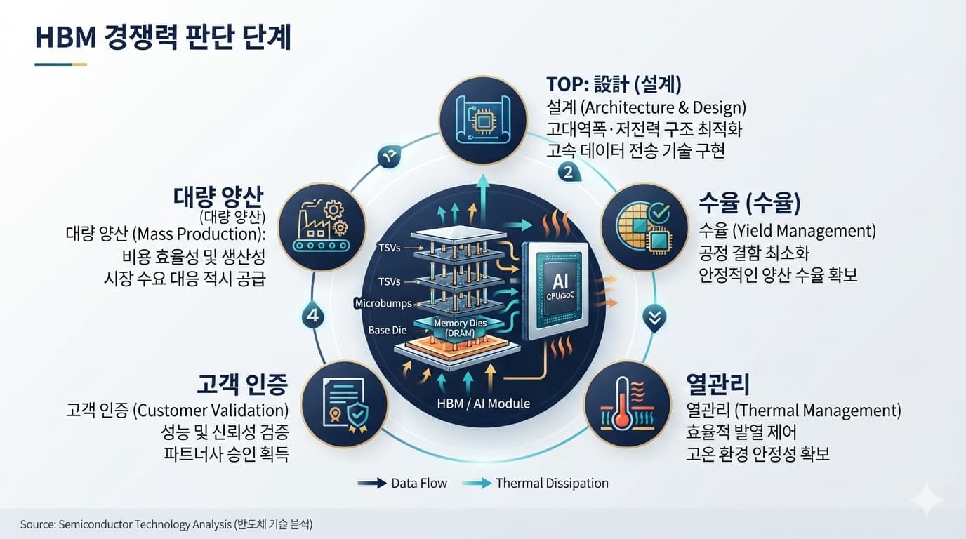 적층 HBM과 AI 가속기, 수율·열관리·고객 인증 단계를 나타낸 반도체 인포그래픽