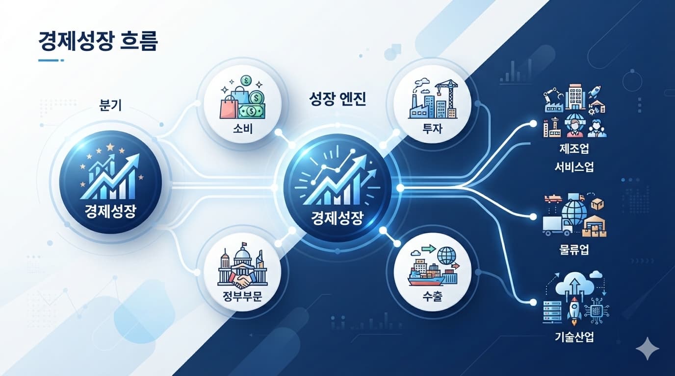 경영 숫자 착시를 줄이기 위한 GDP 구성요소와 산업 전달 경로 개념도