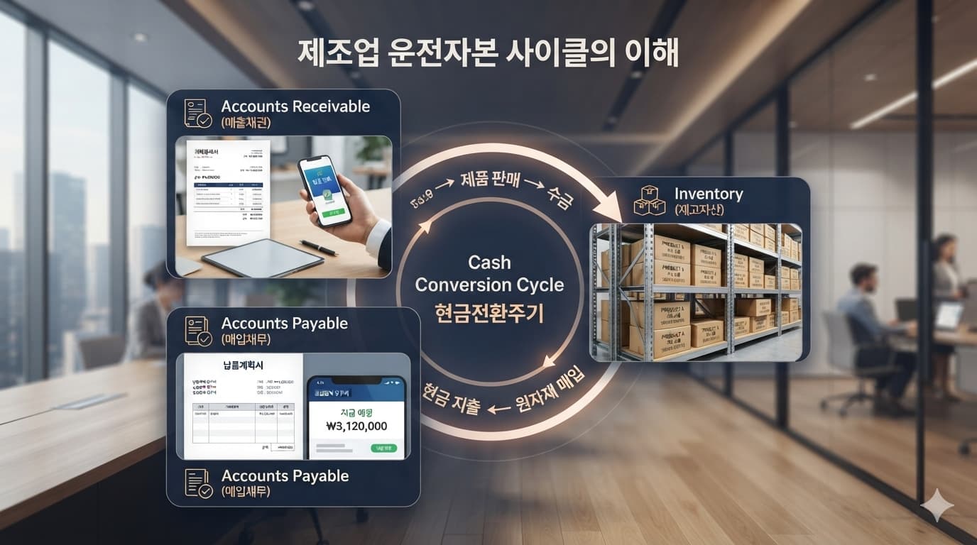 운전자본의 매출채권 재고 매입채무와 현금전환주기 흐름을 보여주는 재무 인포그래픽