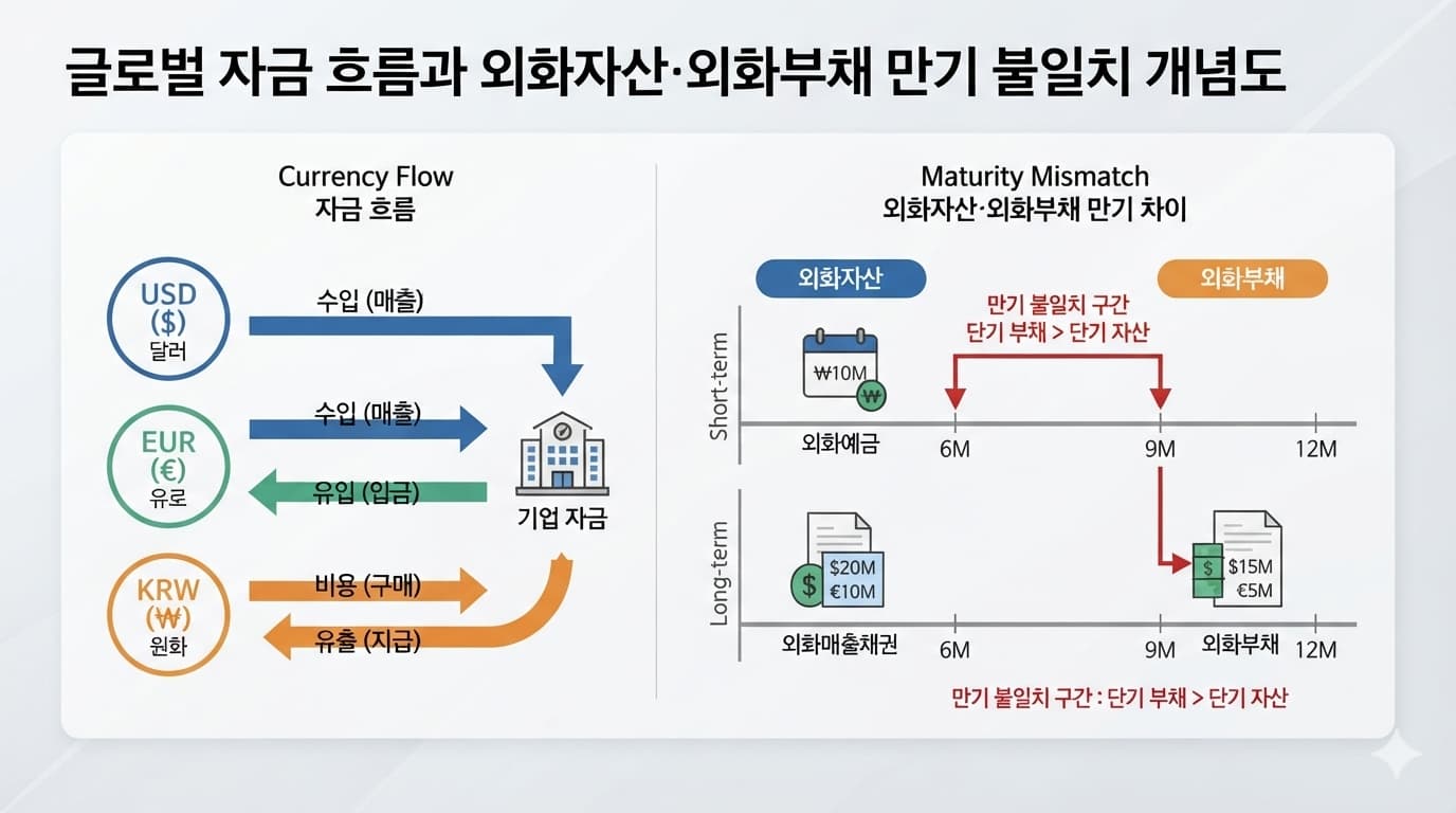 환율 관리 관점에서 외화자산과 외화부채의 통화별 만기 불일치를 보여주는 다이어그램