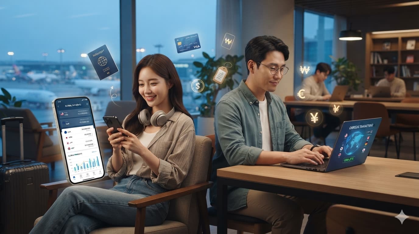 핀테크 수수료 모델의 해외환전과 국제 기업결제 활용 장면