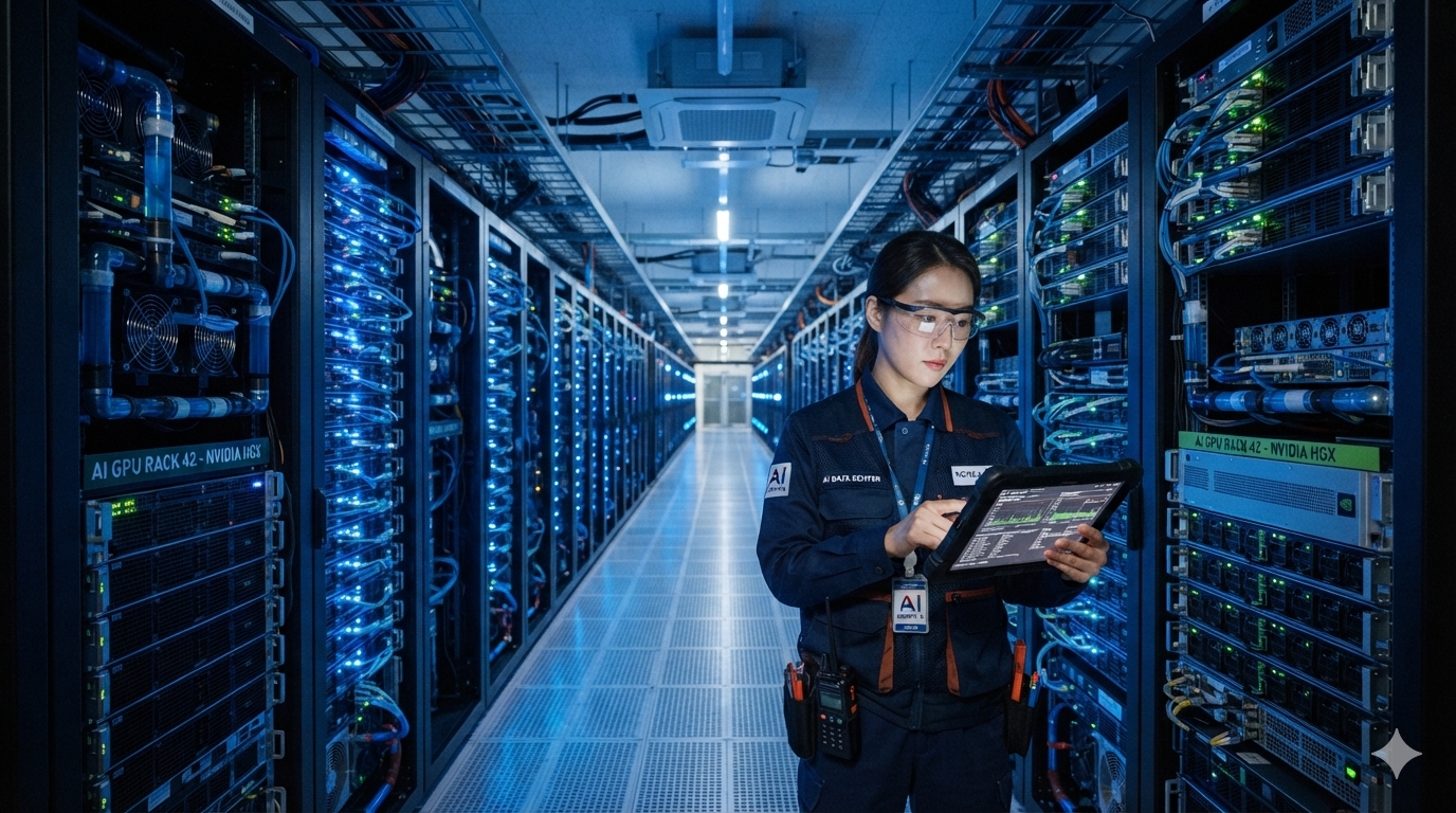 GPU 감가상각 분석을 위한 AI 데이터센터 서버 랙 점검 장면