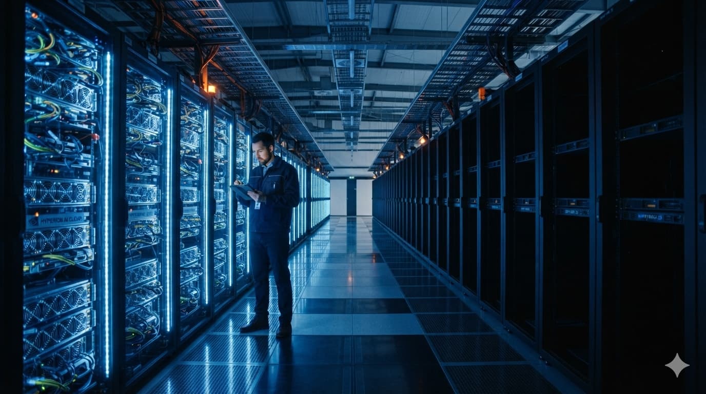 Take-or-Pay 계약의 미사용 AI 컴퓨팅 용량 위험을 보여주는 데이터센터 장면